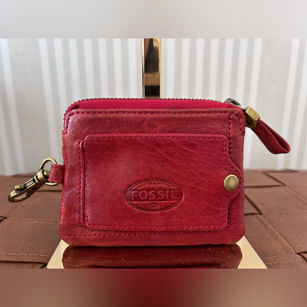 Fossil Genuine Leather Red Zip Card Case Wallet Gold Brass Hardware VTG Y2K